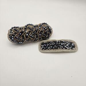Vintage Gold-tone Barrette Set Woven Black Faceted Beads Hair Clips Glam Bridal